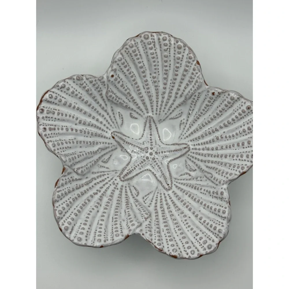 Mud Pie White Ceramic‎ Shell Starfish Trinket Bowl Coastal Beach Decor 5.5 Inch
